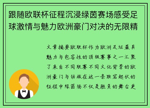 跟随欧联杯征程沉浸绿茵赛场感受足球激情与魅力欧洲豪门对决的无限精彩